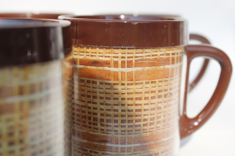 photo of Thermo ware style vintage insulated plastic mugs set, burlap raffia ware print #7