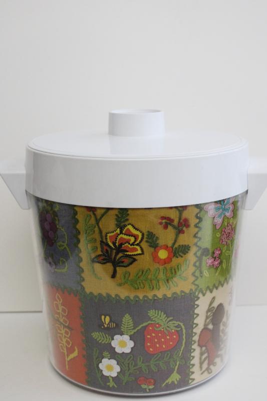 photo of Thermo-Serv vintage plastic ice bucket canister, retro crewel embroidery print  #1