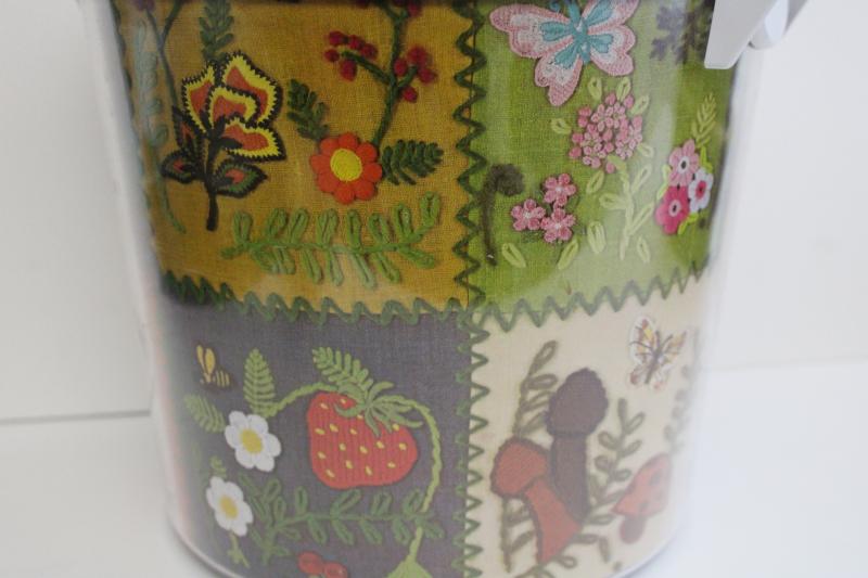 photo of Thermo-Serv vintage plastic ice bucket canister, retro crewel embroidery print  #2