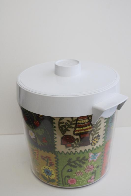 photo of Thermo-Serv vintage plastic ice bucket canister, retro crewel embroidery print  #9