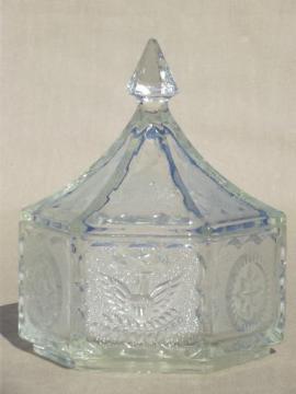 catalog photo of Tiara Colonial star & eagle pattern crystal clear glass box or candy dish