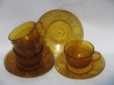 photo of Tiara / Indiana amber glass sandwich daisy pattern cups & saucers #1