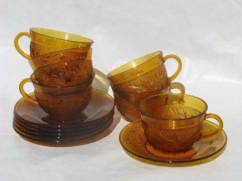 photo of Tiara / Indiana amber glass sandwich daisy pattern cups & saucers #1