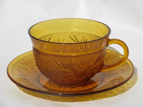 photo of Tiara / Indiana amber glass sandwich daisy pattern cups & saucers #2