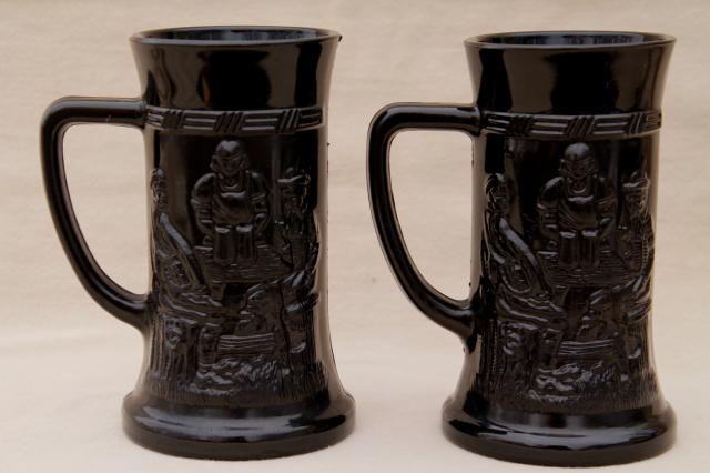 photo of Tiara / Indiana vintage black glass beer steins or mugs w/ tavern drinking scenes #2