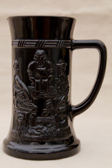 photo of Tiara / Indiana vintage black glass beer steins or mugs w/ tavern drinking scenes #3