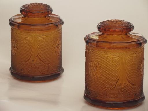 photo of Tiara amber glass canister jars, vintage sandwich daisy pattern glass #1