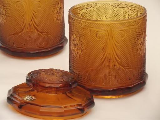 photo of Tiara amber glass canister jars, vintage sandwich daisy pattern glass #4