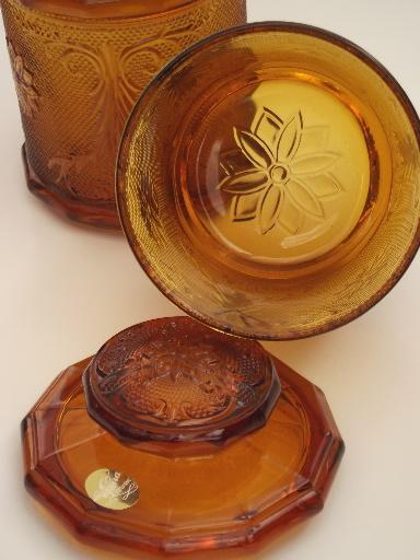 photo of Tiara amber glass canister jars, vintage sandwich daisy pattern glass #5