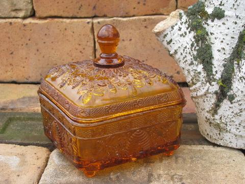 photo of Tiara amber glass comb honey dish, covered beehive box w/ bees #1