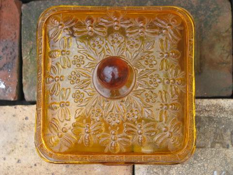 photo of Tiara amber glass comb honey dish, covered beehive box w/ bees #4