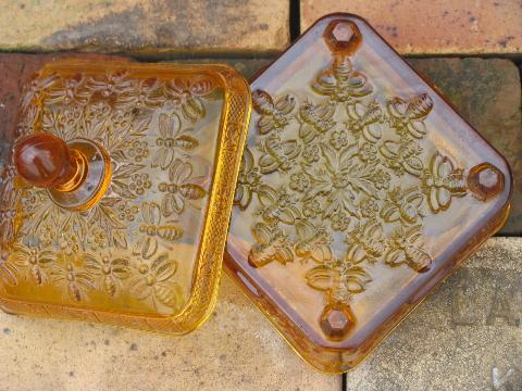 photo of Tiara amber glass comb honey dish, covered beehive box w/ bees #5