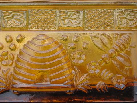 photo of Tiara amber glass comb honey dish, covered beehive box w/ bees #6