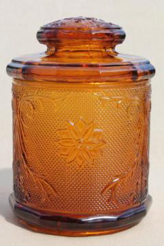 catalog photo of Tiara amber glass humidor or canister jar, vintage sandwich daisy pattern glass