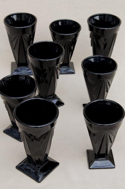 photo of Tiara pyramid black glass footed tumblers & tall glasses, deco mod geometric shape #1