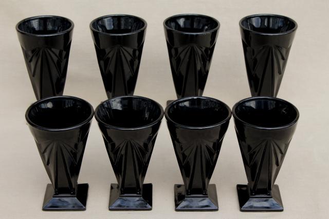 photo of Tiara pyramid black glass footed tumblers & tall glasses, deco mod geometric shape #2