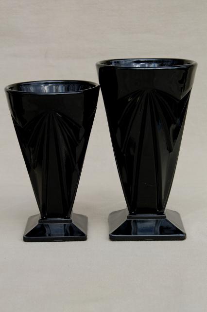 photo of Tiara pyramid black glass footed tumblers & tall glasses, deco mod geometric shape #3