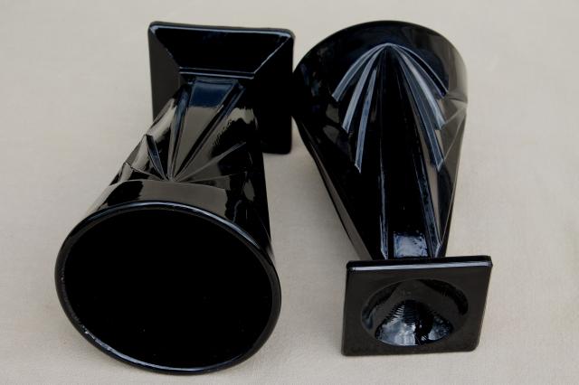 photo of Tiara pyramid black glass footed tumblers & tall glasses, deco mod geometric shape #5