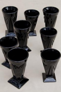 catalog photo of Tiara pyramid black glass footed tumblers & tall glasses, deco mod geometric shape