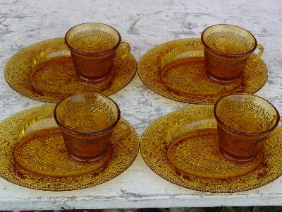 photo of Tiara vintage daisy sandwich amber glass snack sets #1