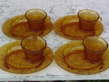 catalog photo of Tiara vintage daisy sandwich amber glass snack sets