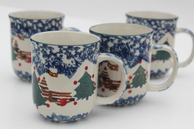 photo of Tienshan China stoneware, Cabin in the Snow spongeware Christmas holiday coffee mugs #1