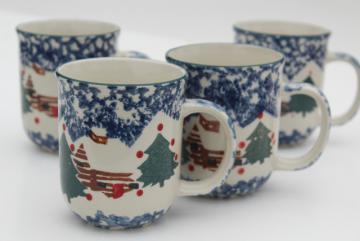 Tienshan China stoneware, Cabin in the Snow spongeware Christmas holiday coffee mugs