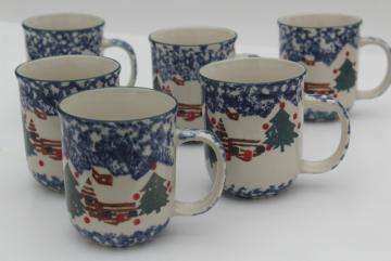 Tienshan China stoneware, Cabin in the Snow spongeware Christmas holiday coffee mugs