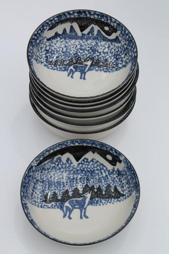 photo of Tienshan Folk Craft lone wolf stoneware bowls, spongeware pottery soup or cereal bowl set #1