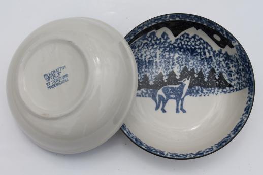 photo of Tienshan Folk Craft lone wolf stoneware bowls, spongeware pottery soup or cereal bowl set #4