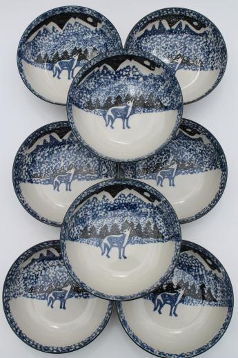 photo of Tienshan Folk Craft lone wolf stoneware bowls, spongeware pottery soup or cereal bowl set #6