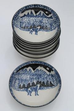 catalog photo of Tienshan Folk Craft lone wolf stoneware bowls, spongeware pottery soup or cereal bowl set