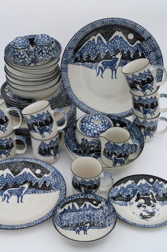 photo of Tienshan Folk Craft lone wolf stoneware dishes set for 8, spongeware pottery dinnerware #1