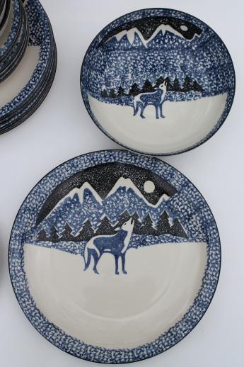 photo of Tienshan Folk Craft lone wolf stoneware dishes set for 8, spongeware pottery dinnerware #7