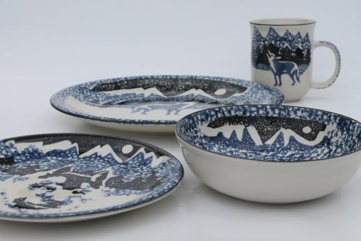 photo of Tienshan Folk Craft lone wolf stoneware dishes set for 8, spongeware pottery dinnerware #9