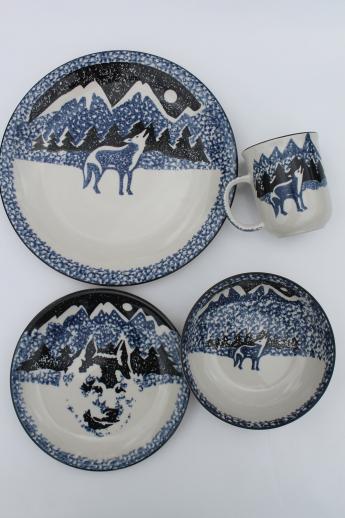 photo of Tienshan Folk Craft lone wolf stoneware dishes set for 8, spongeware pottery dinnerware #10