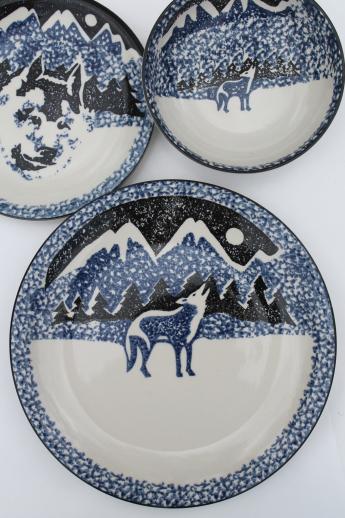 photo of Tienshan Folk Craft lone wolf stoneware dishes set for 8, spongeware pottery dinnerware #12