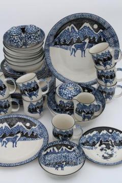 catalog photo of Tienshan Folk Craft lone wolf stoneware dishes set for 8, spongeware pottery dinnerware