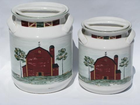 photo of Tienshan Prairie red barn farm pattern ceramic milk can canisters #1