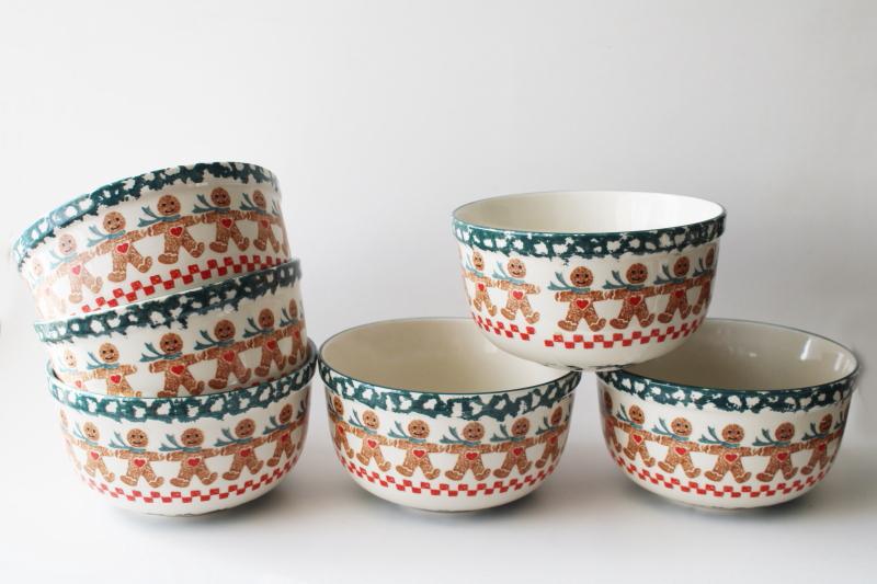 photo of Tienshan china spongeware pottery cereal / soup bowls Christmas gingerbread pattern #1