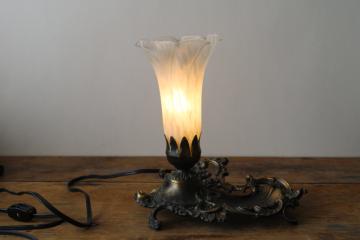 catalog photo of Tiffany style cast metal lamp w/ lily shape glass shade, tiny candle bulb electric light 