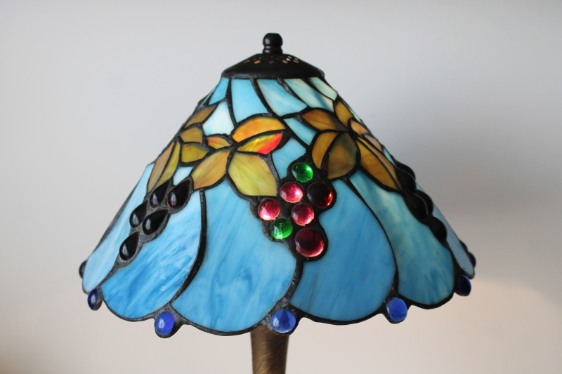 photo of Tiffany style table lamp w/ leaded stained glass shade, dragonflies lamp base, blue grapes lampshade  #6