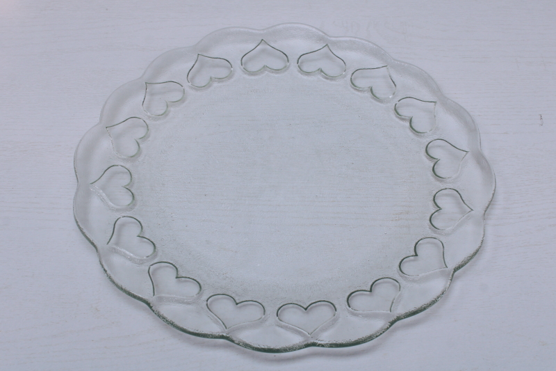 photo of Tiffany style vintage Pilgrim glass hearts border cake plate, clear glass heart pattern tray #1