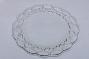catalog photo of Tiffany style vintage Pilgrim glass hearts border cake plate, clear glass heart pattern tray 
