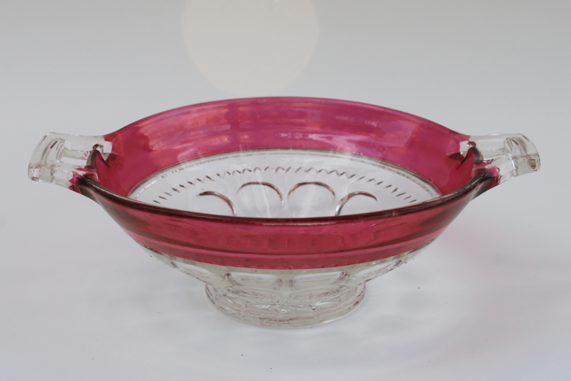 photo of Tiffin Kings Crown ruby band flashed color stain glass, double handled bowl large nappy #1