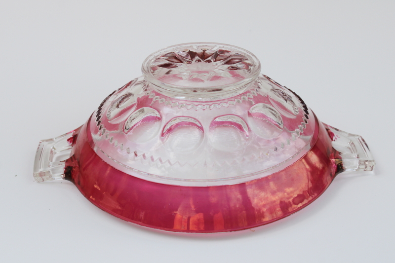 photo of Tiffin Kings Crown ruby band flashed color stain glass, double handled bowl large nappy #3