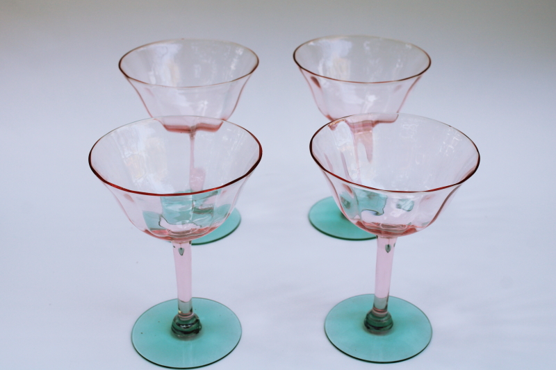 photo of Tiffin watermelon pink & green depression glass, art deco vintage champagne glasses  #2