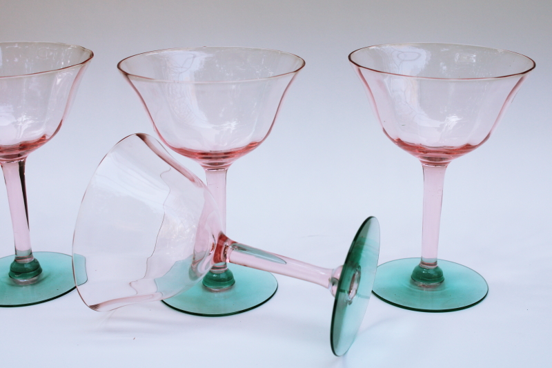 photo of Tiffin watermelon pink & green depression glass, art deco vintage champagne glasses  #3