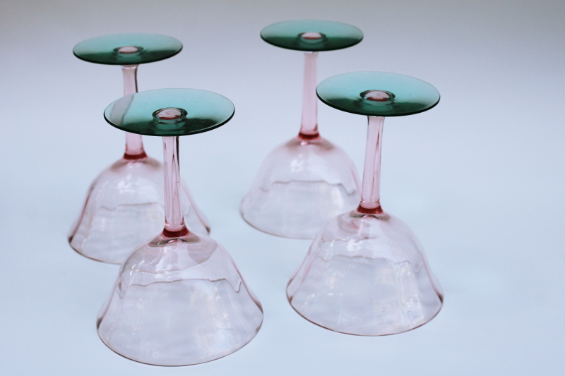 photo of Tiffin watermelon pink & green depression glass, art deco vintage champagne glasses  #6