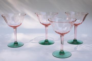 catalog photo of Tiffin watermelon pink & green depression glass, art deco vintage champagne glasses 